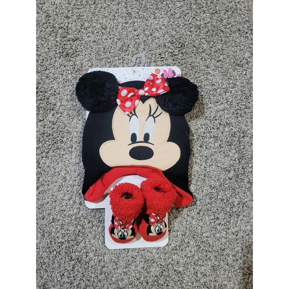 Minnie Mouse Disney 2 Pc Set Winter Baby Hat & Bootie Sock Size 0 - 12 Months